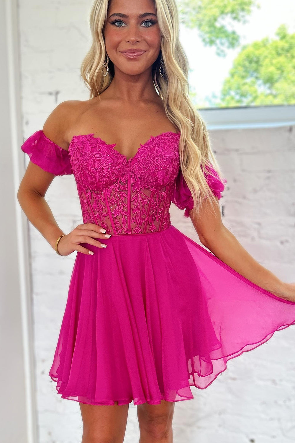 Pretty Homecoming Dress A Line Lace Off the Shoulder with Delicate AppliquesShort Party Cocktail Dress