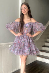 Pretty Homecoming Dress A Line Off the Shoulder Printed Short Party Cocktail Dress