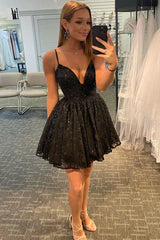 Pretty Homecoming Dress A Line Shoulder Straps V neck Lace Short Party Cocktail Dress