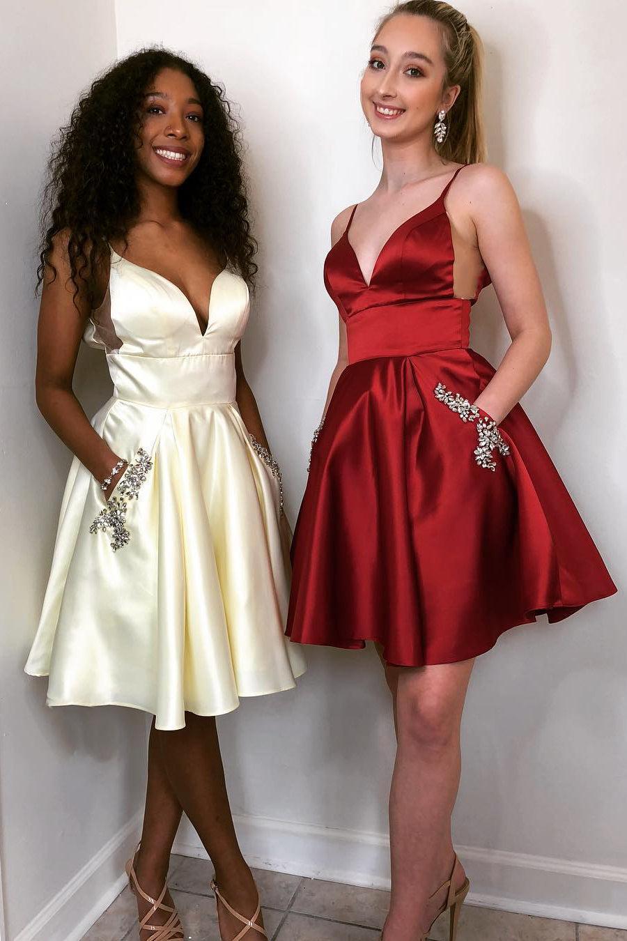 Pretty Homecoming Dress A Line Shoulder straps Satin with Pockets Short Party Cocktail Dress
