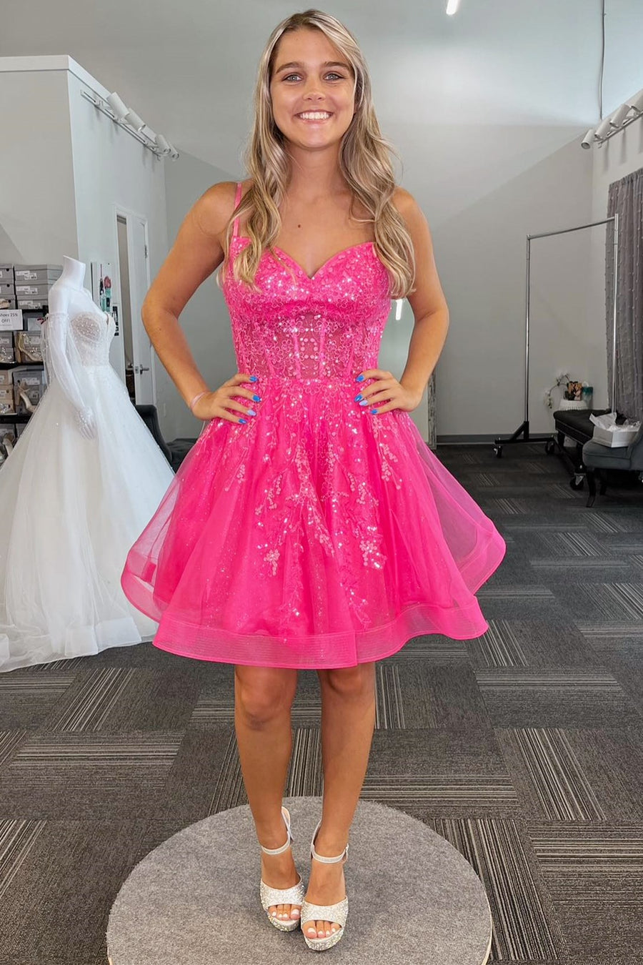 Pretty Homecoming Dress A Line Shoulder straps Sequin Tulle Short Party Cocktail Dress