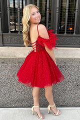 Pretty Homecoming Dress A Line Sparkling Tulle Corset with Chic Feather StylesShort Party Cocktail Dress
