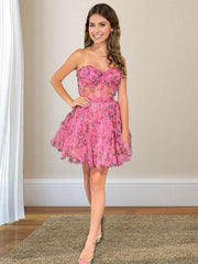 Pretty Homecoming Dress A Line Strapless Floral Short Party Cocktail Dress