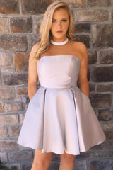 Pretty Homecoming Dress A Line Strapless Satin with Pockets Short Party Cocktail Dress