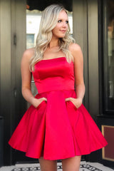 Pretty Homecoming Dress A Line Strapless Satin with Pockets Short Party Cocktail Dress