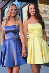 Pretty Homecoming Dress A Line Strapless Satin with Pockets Short Party Cocktail Dress