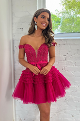 Pretty Homecoming Dress A Line Tulle Tiered Short Party Cocktail Dress