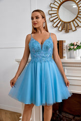 Pretty Homecoming Dress A Line V neck Applique Tulle Short Party Cocktail Dress