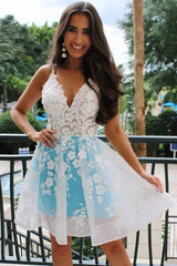 Pretty Homecoming Dress A Line V neck Sky Blue with Delicate Appliques Short Party Cocktail Dress