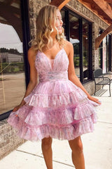 Pretty Homecoming Dress A Line V neck Tiered Pinted Short Party Cocktail Dress