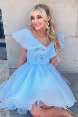Pretty Homecoming Dress A LineV neck Organza ruffle edge Short Party Cocktail Dress