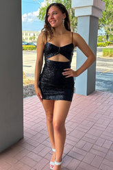 Pretty Homecoming Dress Black Cutout Sequin Bodycon Short Party Cocktail Dress