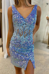 Pretty Homecoming Dress Bodycon Blue Sequin Lace Short Party Cocktail Dress