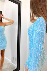 Pretty Homecoming Dress Bodycon Long Sleeve Fringe Sequin Short Party Cocktail Dress