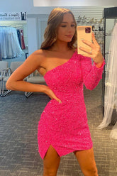 Pretty Homecoming Dress Bodycon One Shoulder Sequin Short Party Cocktail Dress