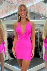 Pretty Homecoming Dress Bodycon Plunging Halter Satin Short Party Cocktail Dress