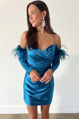 Pretty Homecoming Dress Bodycon Satin Strapless with Long Sleeves Short Party Cocktail Dress