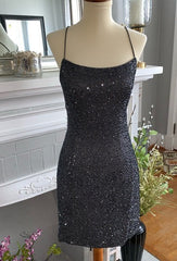 Pretty Homecoming Dress Bodycon Scoop Neck Delicate Beading Satin Short Party Cocktail Dress