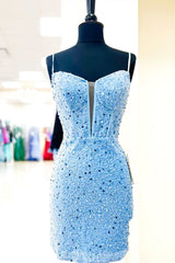 Pretty Homecoming Dress Bodycon Shoulder straps Sequin Short Party Cocktail Dress