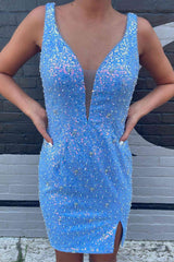 Pretty Homecoming Dress Bodycon Sky Blue Sequin Short Party Cocktail Dress