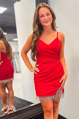 Pretty Homecoming Dress Bodycon V neck Pleated with TasselsShort Party Cocktail Dress