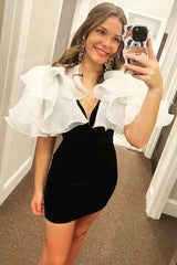 Pretty Homecoming Dress Bodycon V neck Ruffle Sleeves Short Party Cocktail Dress