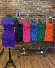 Pretty Homecoming Dress Bodycon one shoulder Style Sequin Short Party Cocktail Dress