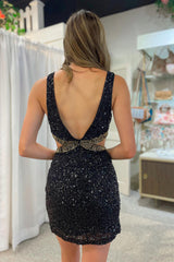 Pretty Homecoming Dress BodyconV neck Black Sequin Short Party Cocktail Dress
