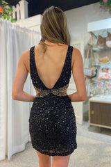 Pretty Homecoming Dress BodyconV neck Black Sequin Short Party Cocktail Dress