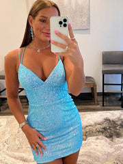 Pretty Homecoming Dress BodyconV neck Blue Sequin Short Party Cocktail Dress