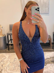 Pretty Homecoming Dress BodyconV neck Delicate Beading Satin Short Party Cocktail Dress