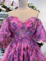 Pretty Homecoming Dress Girly pink A Line Off the Shoulder Floral Printed Short Party Cocktail Dress