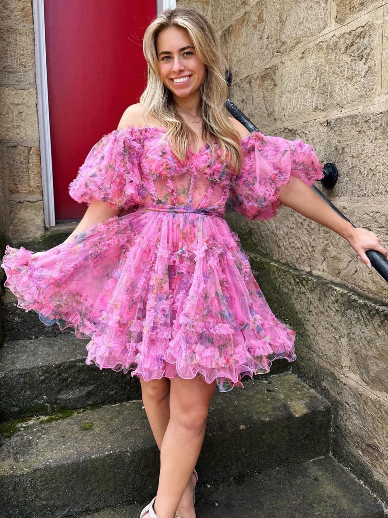 Pretty Homecoming Dress Girly pink A Line Off the Shoulder Floral Printed Short Party Cocktail Dress