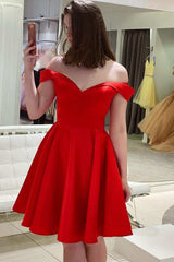 Pretty Homecoming Dress Red Off The Shoulder A Line Satin Short Party Cocktail Dress