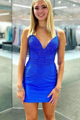 Pretty Homecoming Dress Royal Blue BodyconV neck Delicate Beading Satin Short Party Cocktail Dress