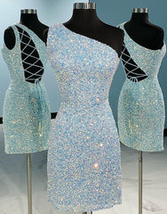 Pretty Homecoming Dress one shoulder Style Bodycon Fitting Sky Blue Short Party Cocktail Dress