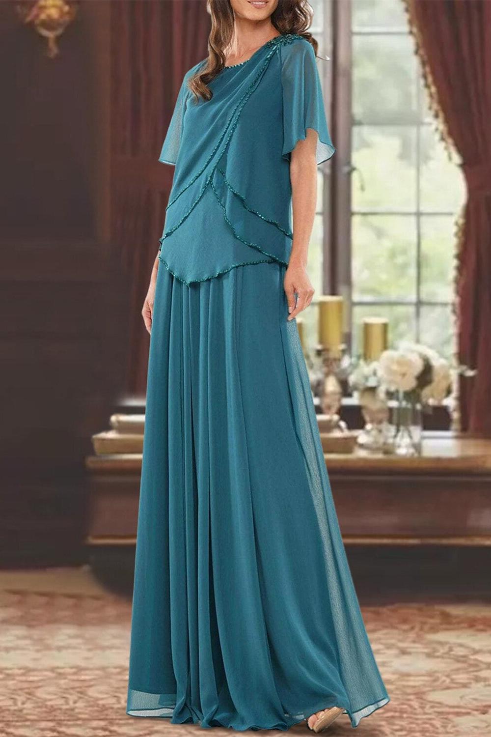 Princess A-Line Floor-Length Mother of the Bride Dress with Jewel Neck Short Sleeves Pleats & Beading