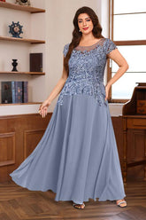 Princess A-Line Floor-Length Plus Size Mother of the Bride Dress with Scoop Neck and Short Sleeves Featuring Appliques