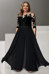 Princess A-Line Floor-Length Plus Size Mother of the Bride Pantsuit with Applique and 3/4 Sleeves Jewel Neck