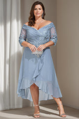 Princess A-Line Off-the-Shoulder Asymmetrical Plus Size Mother of the Bride Gown with 3/4 Sleeves and Sequins