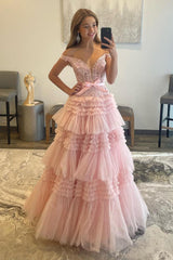 Princess A Line Off the Shoulder Light Pink Prom Dress Long Evening Dress with Ruffles