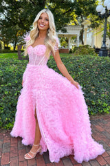 Princess A Line Off the Shoulder Pink Prom Dress Long Evening Dress with Feather