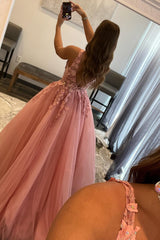 Princess A Line Prom Dress Deep V Neck Blush Long Evening Dress with Appliques