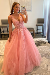 Princess A Line Prom Dress Deep V Neck Blush Long Evening Dress with Appliques