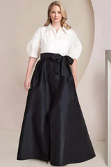 Princess A-Line Shirt Collar Floor-Length Plus Size Mother of the Bride 2-Piece Dress with Bowknot