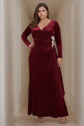 Princess A-Line V-Neck Floor-Length Plus Size Velvet Mother of the Bride Dress with Long Sleeves and Ruffles