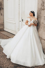 Princess Long White Wedding Dress Off The Shoulder A Line V Neck Organza Satin Bridal Gown