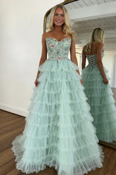 Princess Mint Green Tiered Tulle Prom Dress With Floral Embroidered Corset Formal Evening Gown