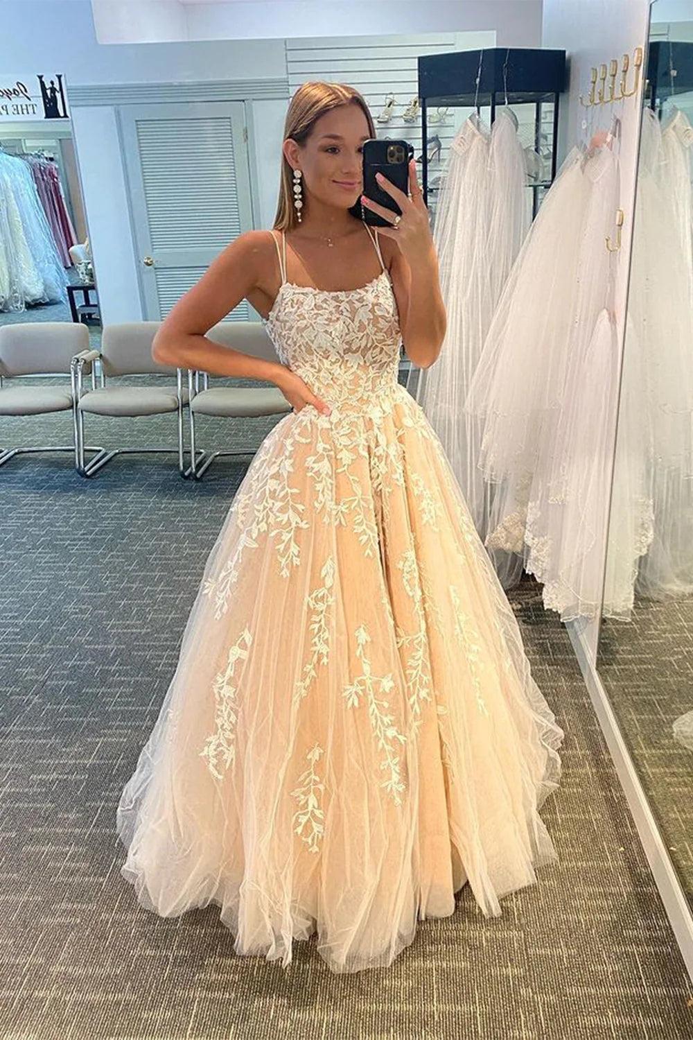 Princess Prom Dress Champagne Spaghetti Straps Evening Dress
