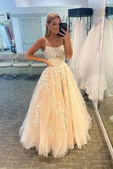 Princess Prom Dress Champagne Spaghetti Straps Evening Dress